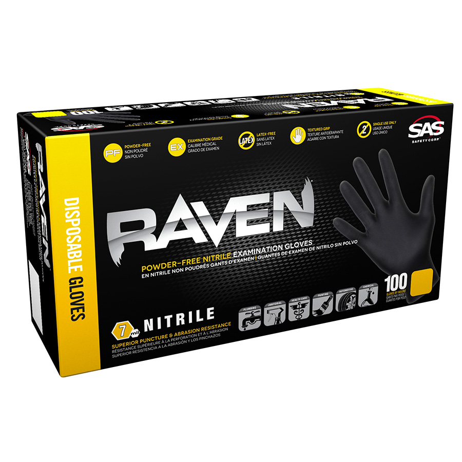 SAS Safety Medium Raven Disposable Black Nitrile Gloves, Box of 100